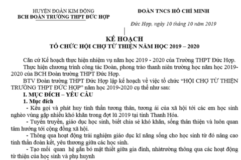 Thông báo Kế hoạch tổ chức Hội chợ từ thiện năm 2019