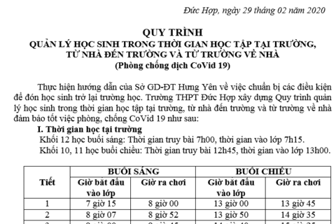 Quy trình hướng dẫn quản lý học sinh học tập tại trường, từ trường về nhà, từ nhà đến trường để phòng dịch COVID-19