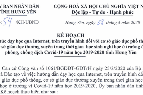 Kế hoạch số 54 của UBND tỉnh về học Online