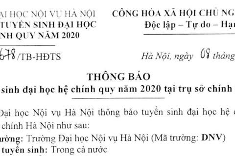Đại học Nội Vụ Tuyển sinh năm 2020 (Có hình thức tuyển thẳng)