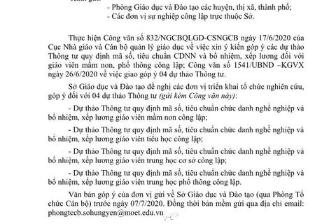 Công văn số 1135/SGDĐT-TCCB V/v tham gia ý kiến góp ý các dự thảo Thông tư quy định mã số, tiêu chuẩn CDNN và bổ nhiệm, xếp lương đối với giáo viên MN, phổ thông công lập