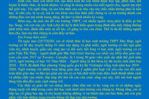 Thư chúc mừng Thủ Khoa đầu vào kì thi tuyển sinh vào lớp 10 THPT năm học 2020-2021 của Hiệu trưởng nhà trường