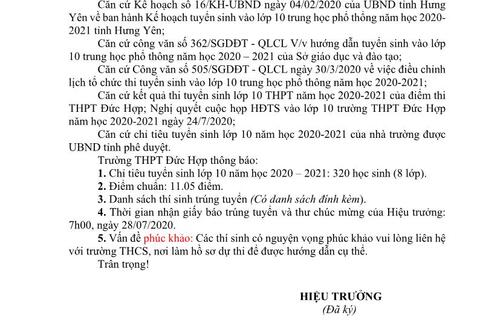 Trường THPT Đức Hợp thông báo Kết quả thi tuyển sinh lớp 10 THPT năm học 2020 - 2021