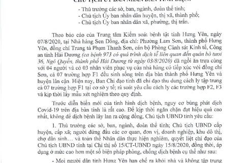Công điện 2137/CĐ-CTUBND tỉnh về công tác phòng dịch Covid-19 trong tình hình mới