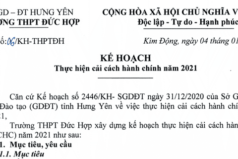 Trường THPT Đức Hợp ban hành Kế hoạch Cải cách hành chính năm 2021 và Kế hoạch Phòng chống tham nhũng