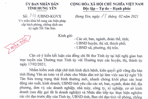 CV 314/UBND tỉnh Hưng Yên về việc bổ sung các biện pháp phòng dịch Covid-19 sau kỳ nghỉ Tết Tân Sửu 2021