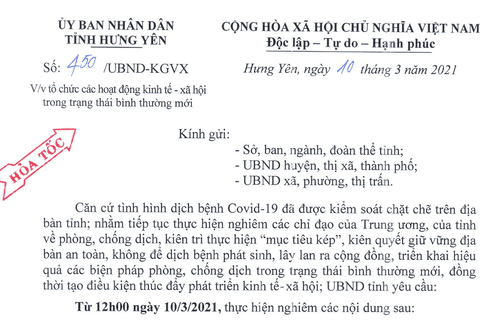 CV 450/UBND tỉnh Hưng Yên về việc tổ chức các hoạt động kinh tế-xã hội trong trạng thái bình thường mới