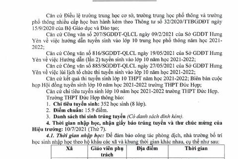 Thông báo và Kế hoạch nhập học cho học sinh trúng tuyển vào lớp 10 năm học 2021-2022 trường THPT Đức Hợp