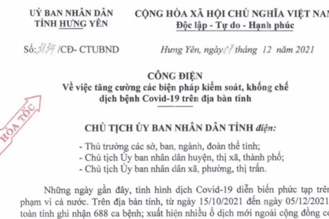 Công điện của Chủ tịch UBND tỉnh Hưng Yên về việc tăng cường các biện pháp phòng dịch Covid-19 trong tình hình mới
