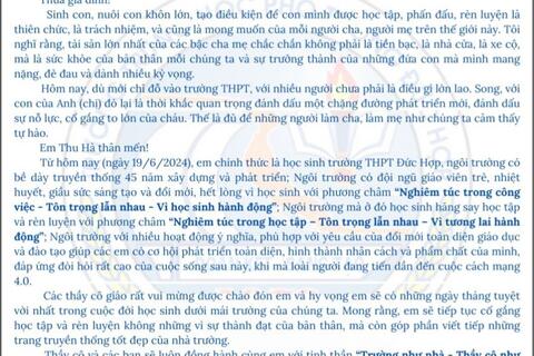 Thư chúc mừng học sinh đỗ vào lớp 10 năm học 2024-2025
