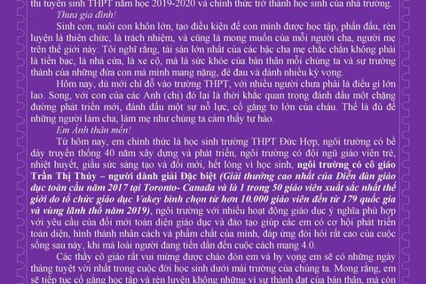 Thư chúc mừng Phụ huynh và Học sinh của thầy Hiệu trưởng nhà trường