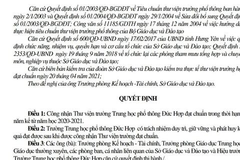 Quyết định công nhận thư viện trường THPT Đức Hợp đạt chuẩn