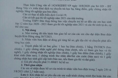 Trường THPT Đức Hợp thông báo trả Hồ sơ cho HS khối 12 năm học 2020-2021