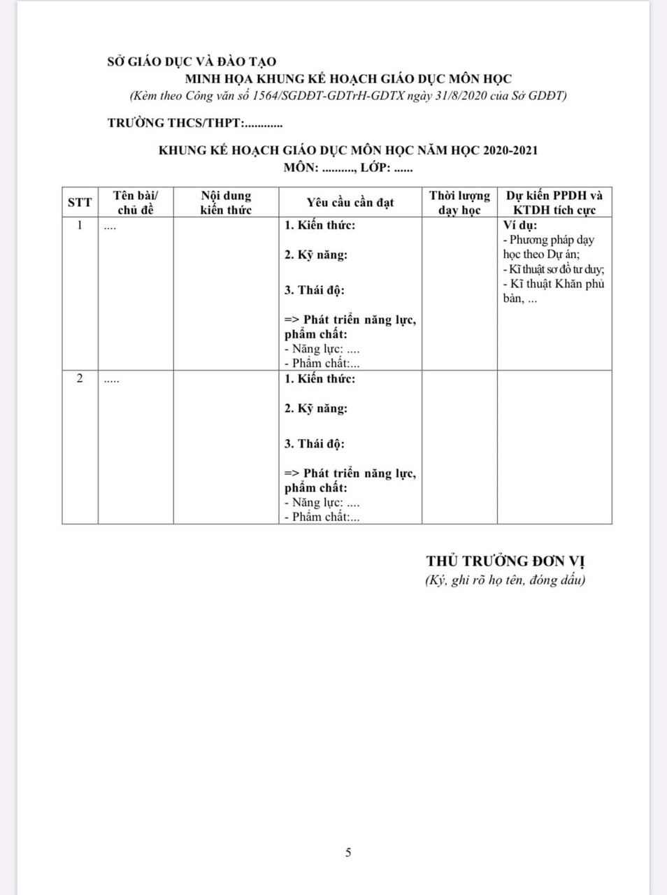 MẪU KẾ HOẠCH GIÁO DỤC BỘ MÔN NĂM HỌC 2020-2021
