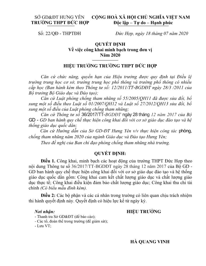 Thông tin công khai theo quy định tại Thông tư 36/2017/TT-BGD-ĐT năm 2017