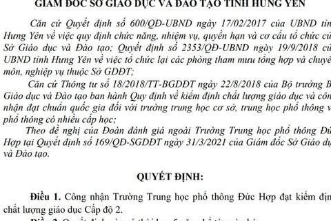 Quyết định công nhận trường THPT Đức Hợp đạt kiểm định mức độ 2 của Giám đốc Sở GD-ĐT Hưng Yên.
