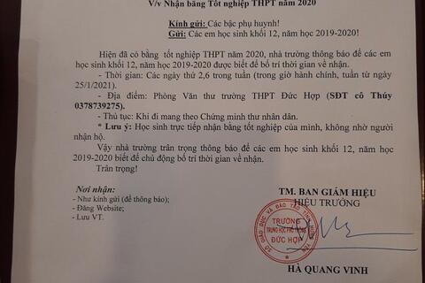 Thông báo v/v nhận bằng tốt nghiệp THPT năm 2020