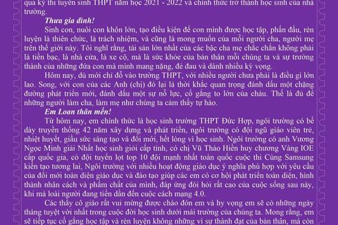 Hiệu trưởng nhà trường gửi thư chúc mừng tới gia đình và các em học sinh đã trúng tuyển kỳ thi vào lớp 10 THPT năm học 2021-2022