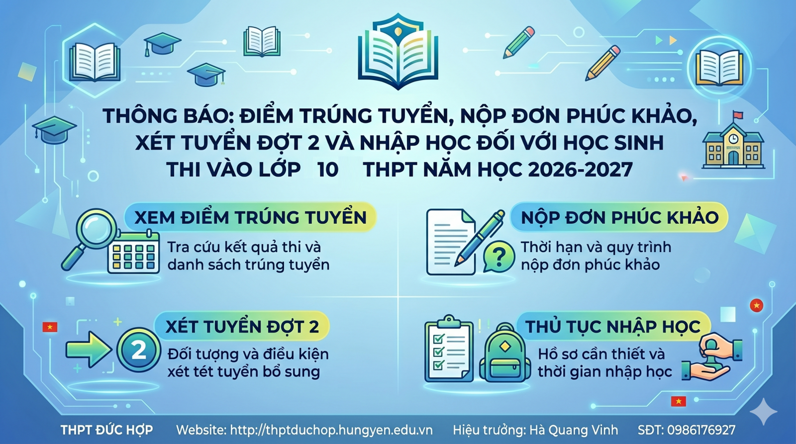 Thông báo: Điểm trúng tuyển, nộp đơn phúc khảo, xét tuyển đợt 2 và nhập học đối với học sinh thi vào lớp 10 THPT năm học 2026-2027